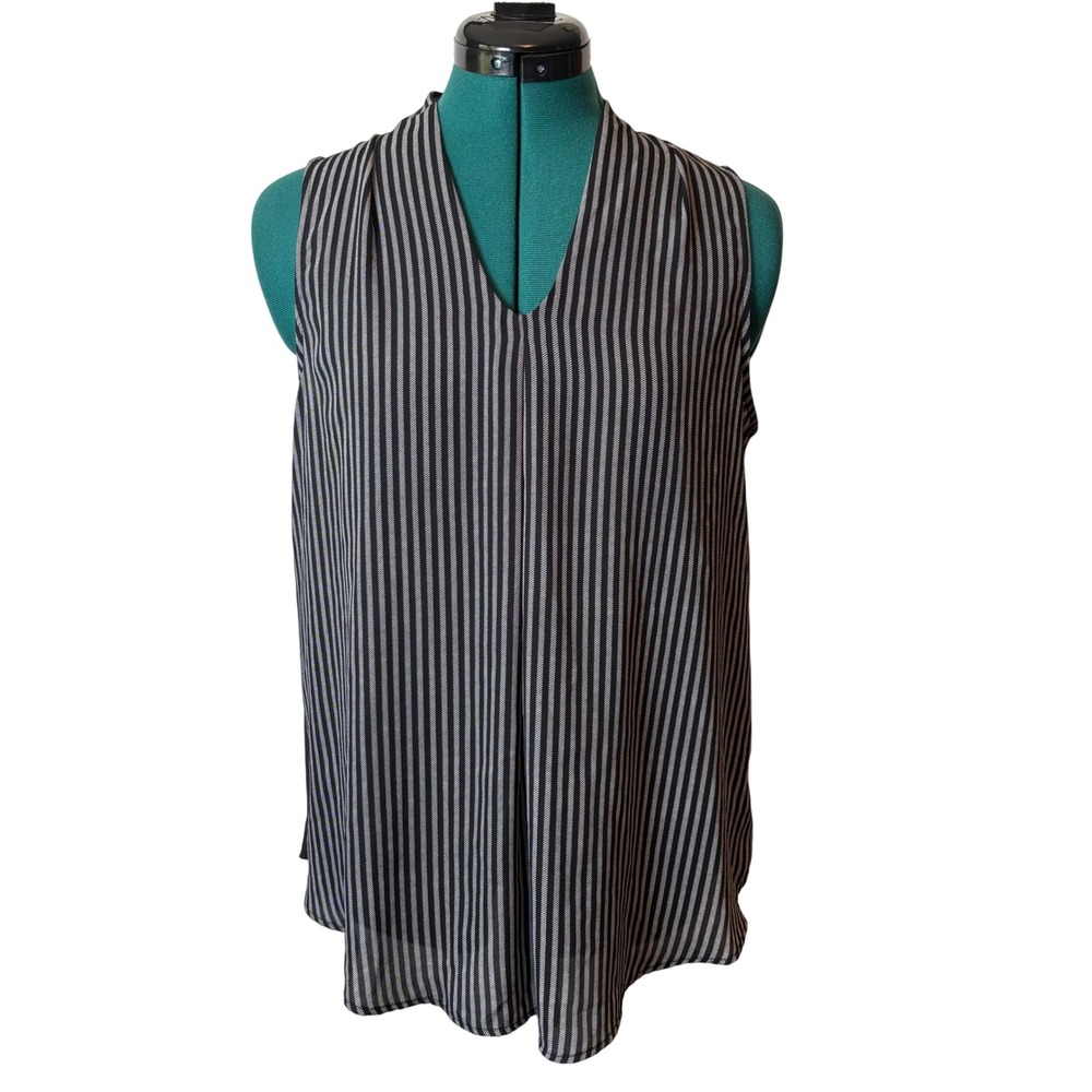 Worthington Black White Striped Sleeveless V-Neck Blouse Office Small‎